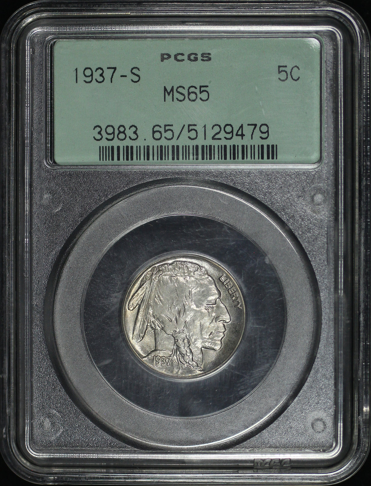 Obverse of this 1937-S Buffalo Nickel PCGS MS-65 Old Green Gasket Holder