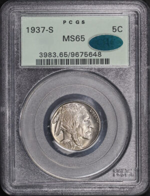 Obverse of this 1937-S Buffalo Nickel PCGS MS-65 CAC Old Green Older 