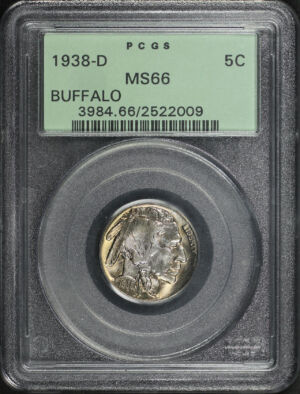 Obverse of this 1938-D Buffalo Nickel PCGS MS-66 Old Green Holder