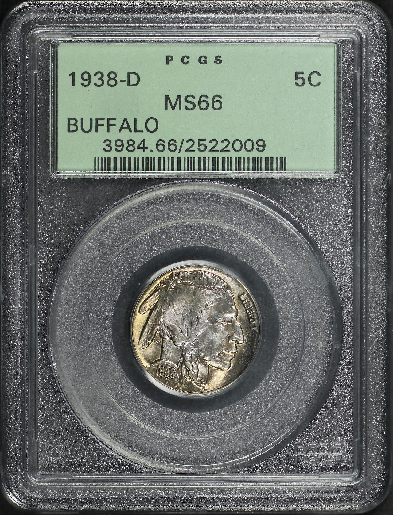 Obverse of this 1938-D Buffalo Nickel PCGS MS-66 Old Green Holder
