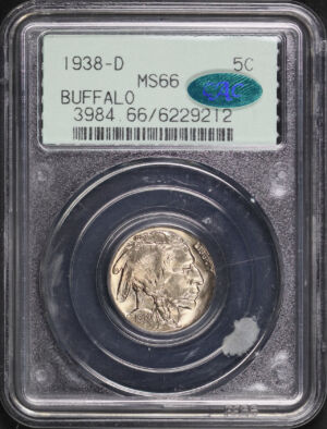 Obverse of this 1938-D Buffalo Nickel PCGS MS-66 CAC Old Green Holder 