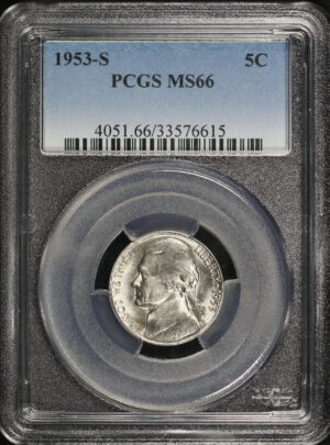 Obverse of this 1953-S Jefferson Nickel PCGS MS-66