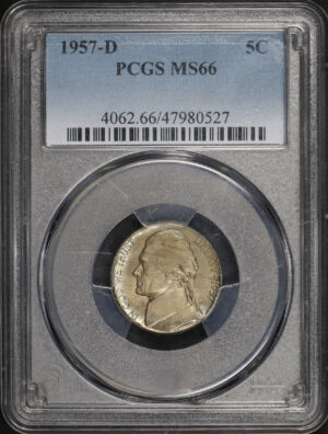 Obverse of this 1957-D Jefferson Nickel PCGS MS-66