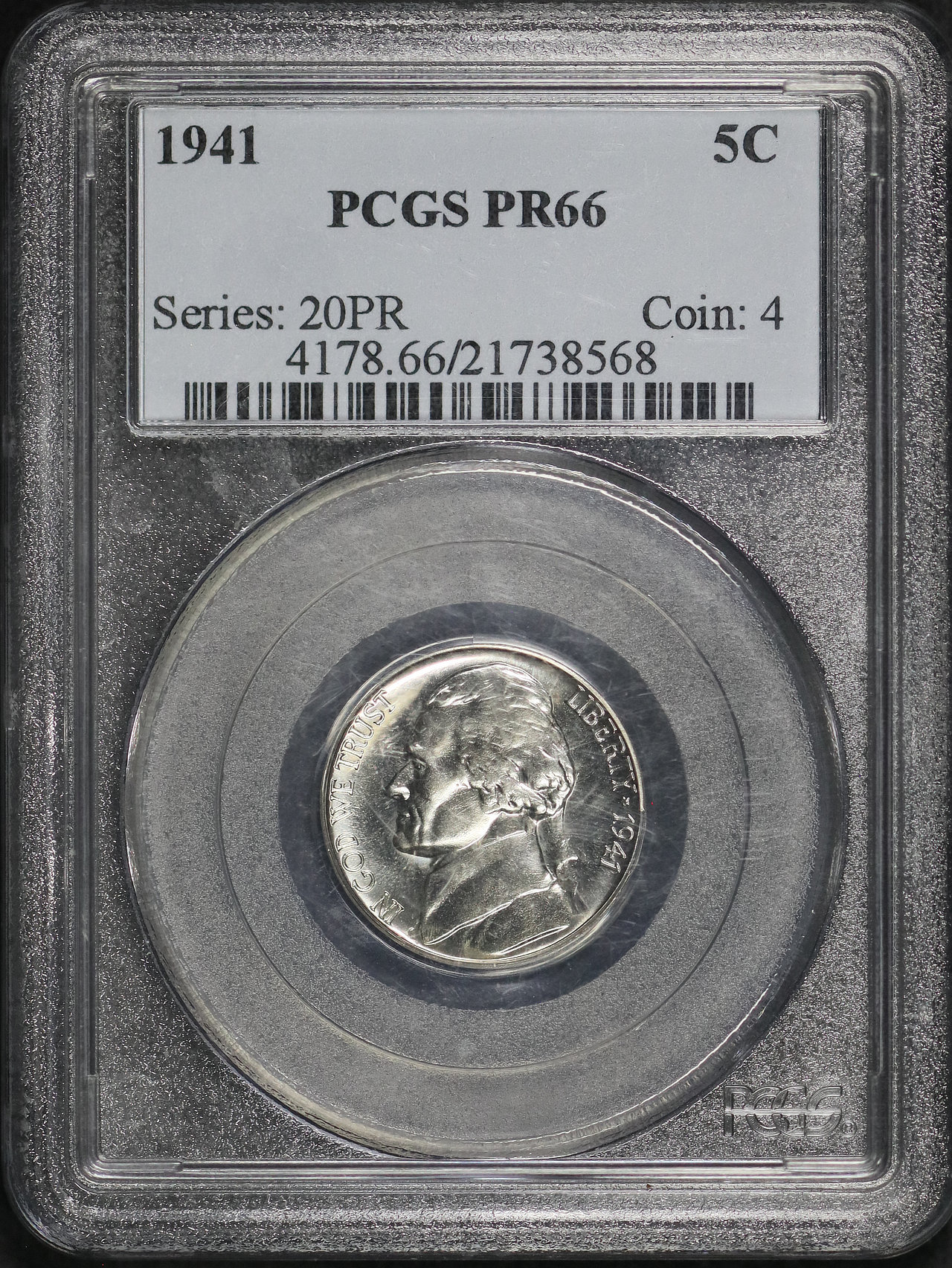 Obverse of this 1941 Jefferson Nickel PCGS PR-66