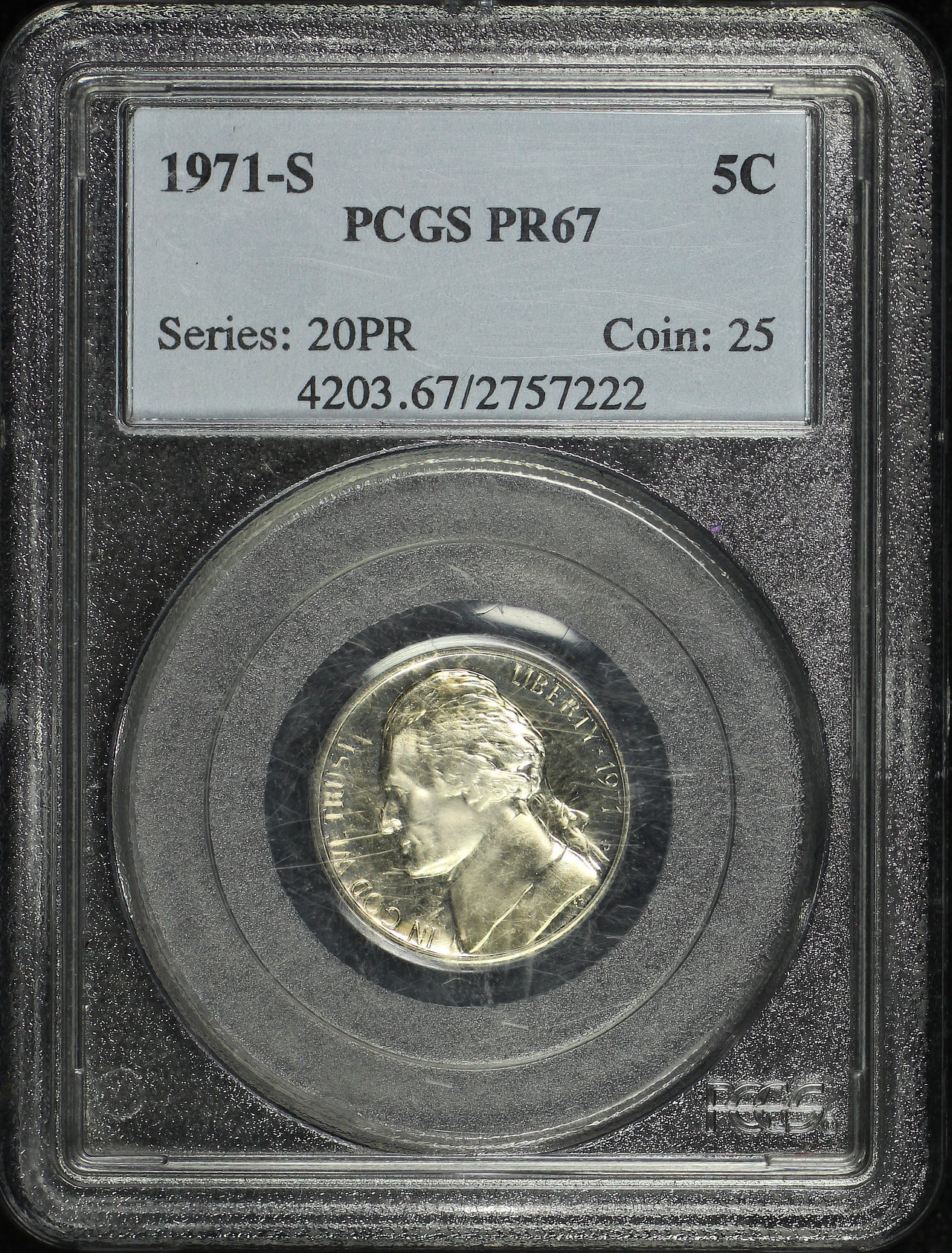 Obverse of this 1971-S Jefferson Nickel PCGS PR-67