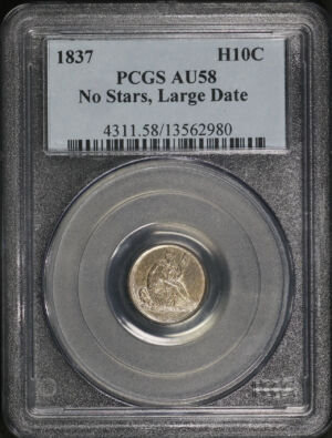 Obverse of this 1837 Liberty Seated Half Dime No Stars, Large Date PCGS AU-58