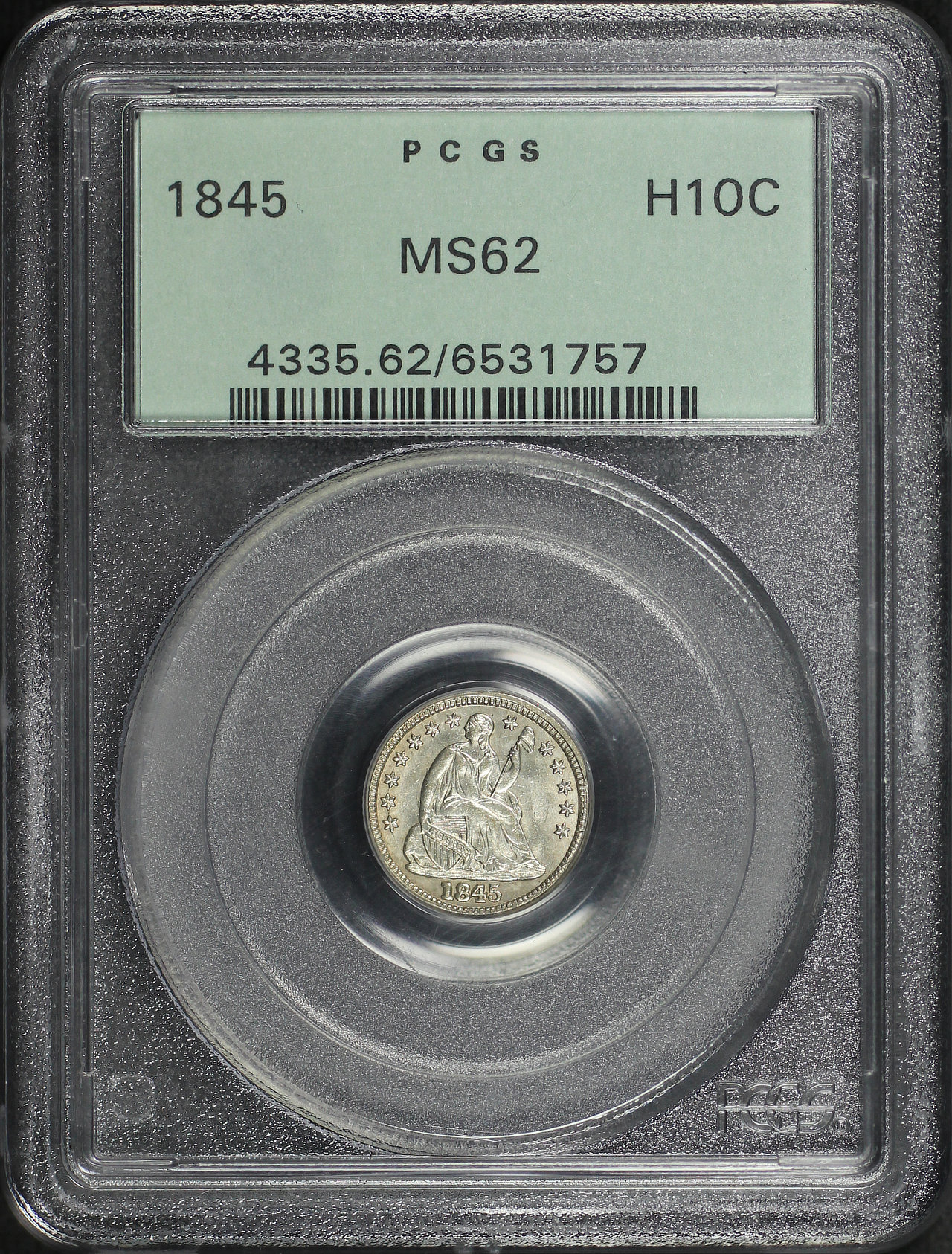 Obverse of this 1845 Liberty Seated Half Dime PCGS MS-62 Old Green Holder
