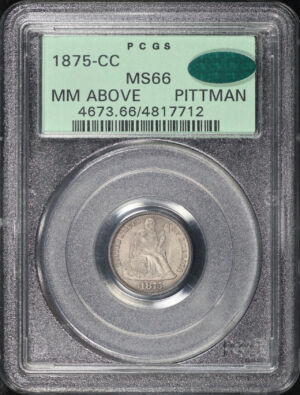 Obverse of this 1875-CC Liberty Seated Dime Mintmark Above Bow PCGS MS-66