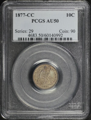 Obverse of this 1877-CC Liberty Seated Dime PCGS AU-50