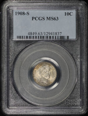 Obverse of this 1908-S Barber Dime PCGS MS-63