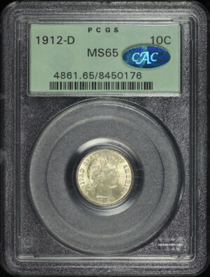 Obverse of this 1912-D Barber Dime PCGS MS-65 CAC Old Green Holder