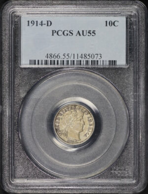 Obverse of this 1914-D Barber Dime PCGS AU-55