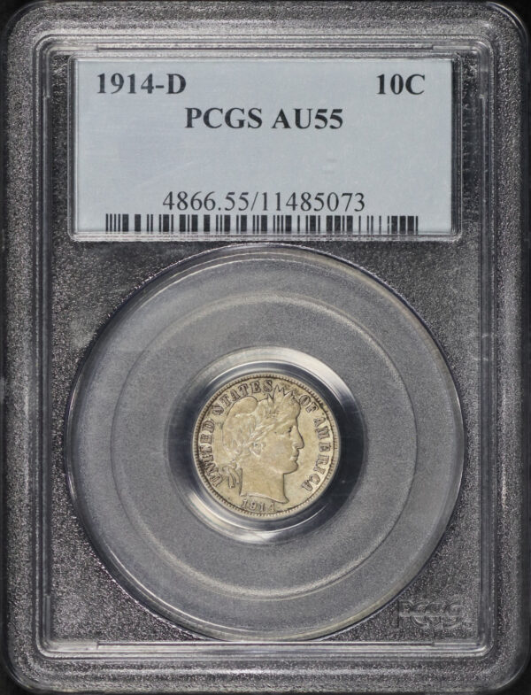 Obverse of this 1914-D Barber Dime PCGS AU-55