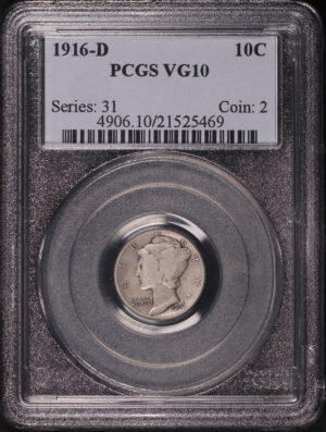 Obverse of this 1916-D Mercury Dime PCGS VG-10