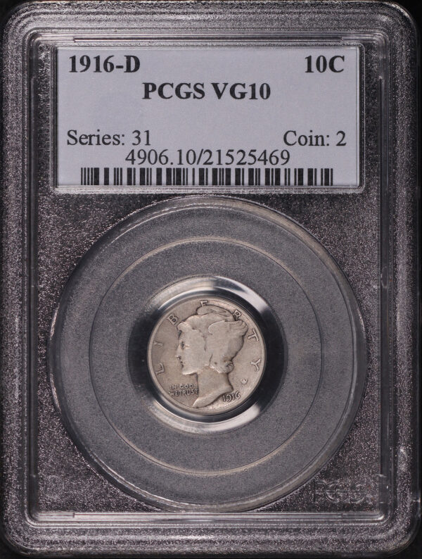 Obverse of this 1916-D Mercury Dime PCGS VG-10
