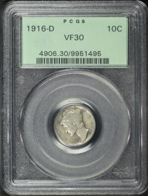 Obverse of this 1916-D Mercury Dime PCGS VF-30 Old Green Holder