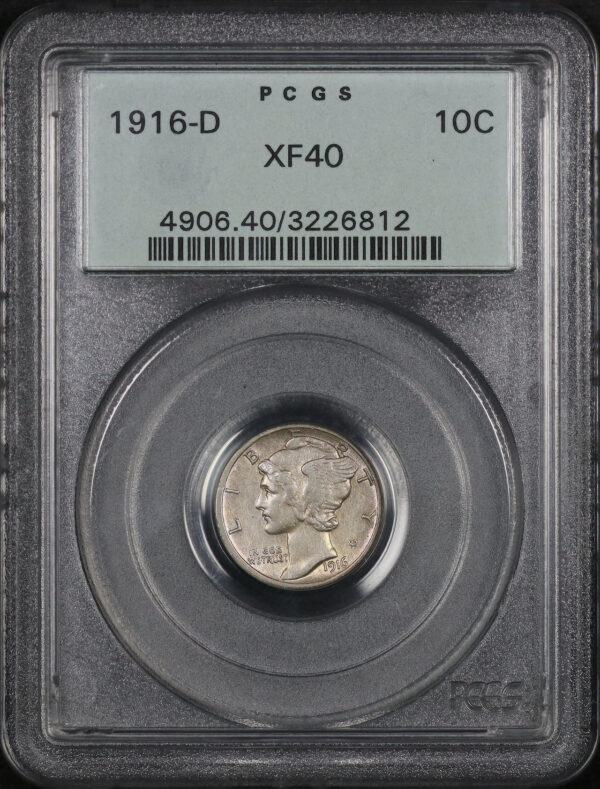 Obverse of this 1916-D Mercury Dime PCGS XF-40 Old Green Holder