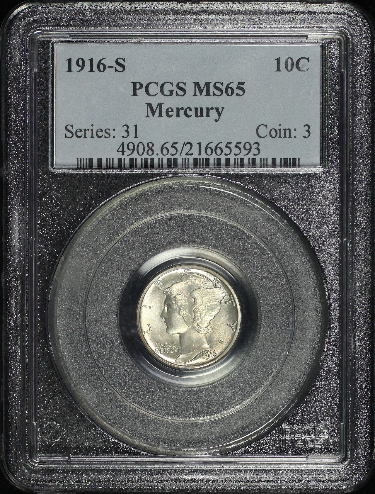Obverse of this 1916-S Mercury Dime PCGS MS-65