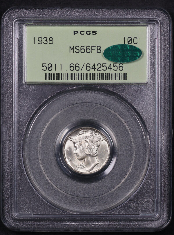 Obverse of this 1938 Mercury Dime PCGS MS-66 FB Old Green Holder CAC