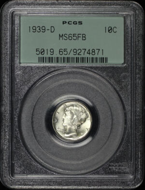 Obverse of this 1939-D Mercury Dime PCGS MS-65 Old Green Holder