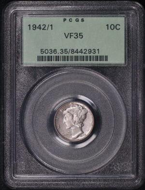 Obverse of this 1942/1 Mercury Dime PCGS VF-35 Old Green Holder
