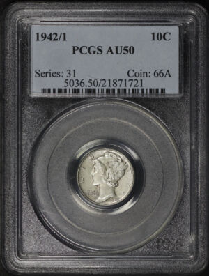 Obverse of this 1942/1 Mercury Dime PCGS AU-50
