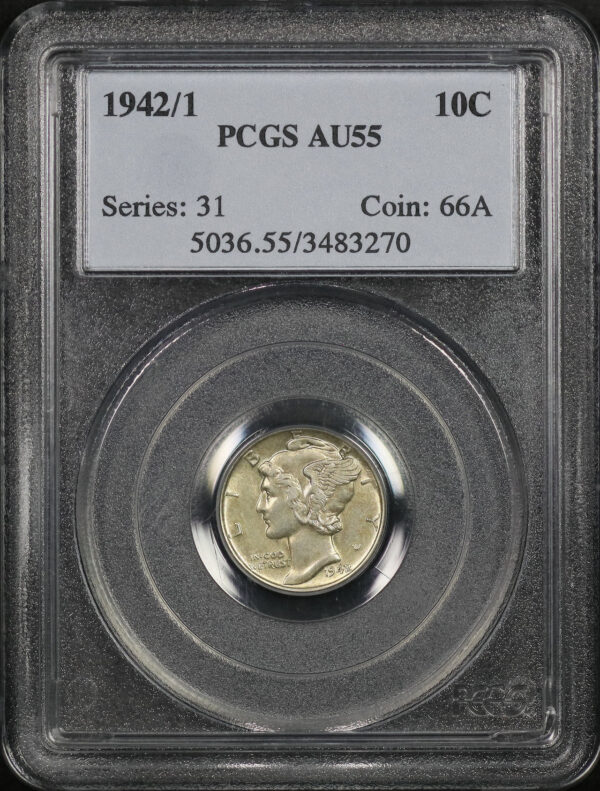 Obverse of this 1942/1 Mercury Dime PCGS AU-55