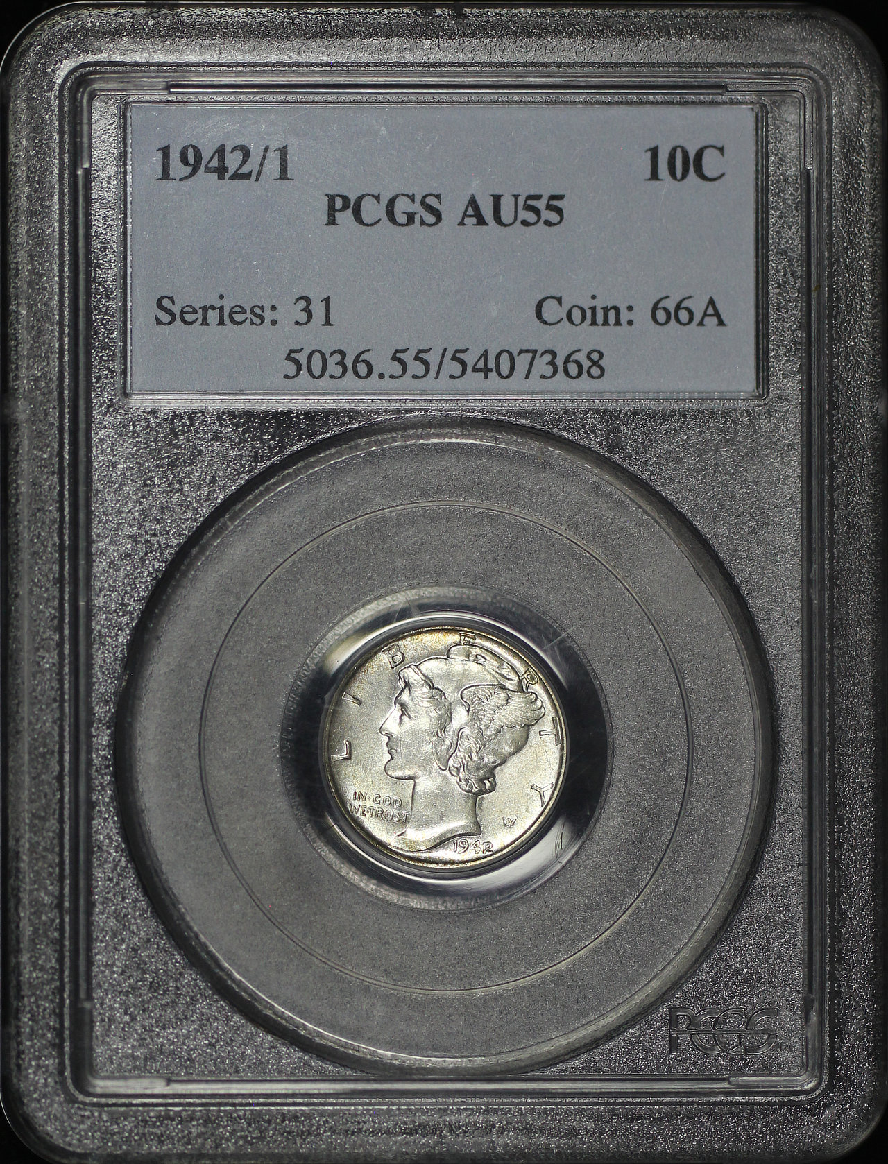 Obverse of this 1942/1 Mercury Dime PCGS AU-55