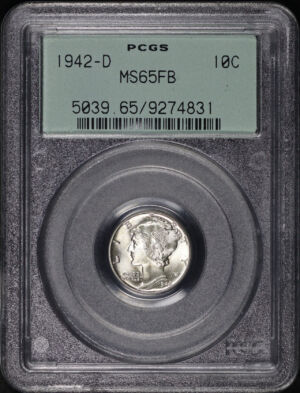Obverse of this 1942-D Mercury Dime PCGS MS-65 FB Old Green Holder