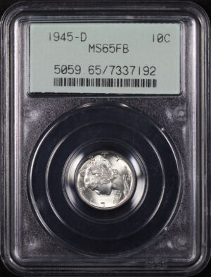 Obverse of this 1945-D Mercury Dime PCGS MS-65 FB Old Green Gasket Holder