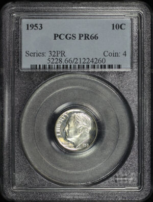 Obverse of this 1953 Roosevelt Dime PCGS PR-66