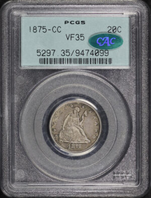 Obverse of this 1875-CC Twenty Cent PCGS VF-35 CAC Old Green Holder