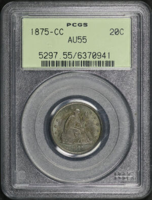 Obverse of this 1875-CC Twenty Cent PCGS AU-55 Old Green Holder