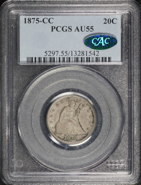 Obverse of this 1875-CC Twenty Cent PCGS AU-55 CAC