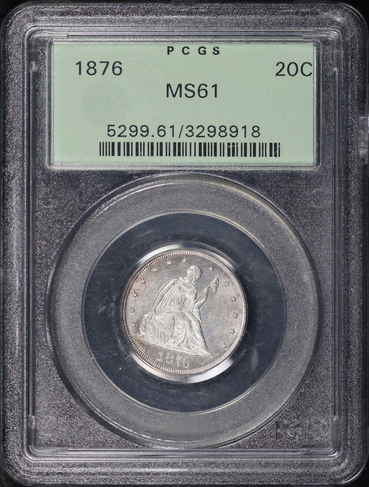 Obverse of this 1876 Twenty Cent PCGS MS-61 Old Green Holder