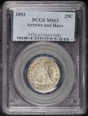Obverse of this 1853 Liberty Seated Quarter with Arrows and Rays PCGS MS-63
