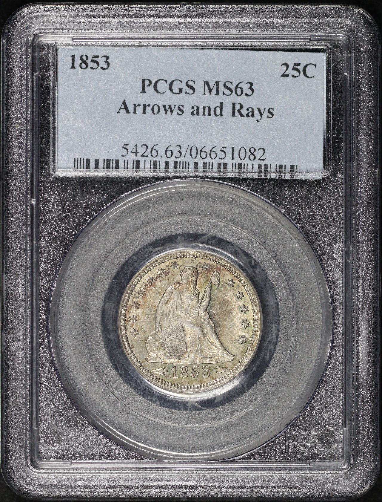 Obverse of this 1853 Liberty Seated Quarter with Arrows and Rays PCGS MS-63