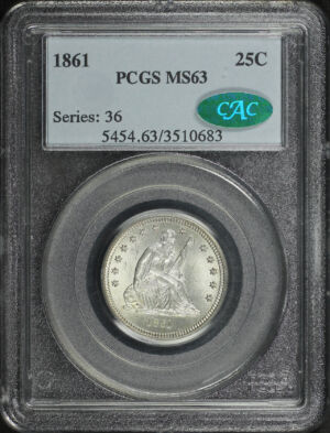 Obverse of this 1861 Liberty Seated Quarter PCGS MS-63 CAC