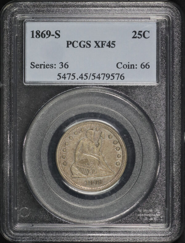 Obverse of this 1869-S Liberty Seated Quarter PCGS XF-45