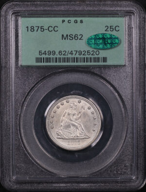 Obverse of this 1875-CC Liberty Seated Quarter PCGS MS-62 CAC Old Green Holder