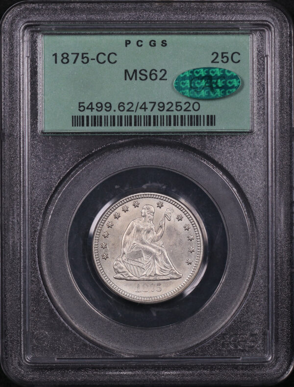 Obverse of this 1875-CC Liberty Seated Quarter PCGS MS-62 CAC Old Green Holder