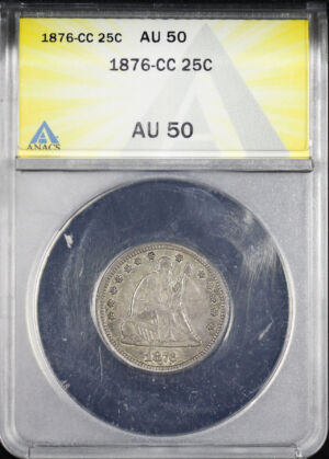 Obverse of this 1876-CC Liberty Seated Quarter ANACS AU-50