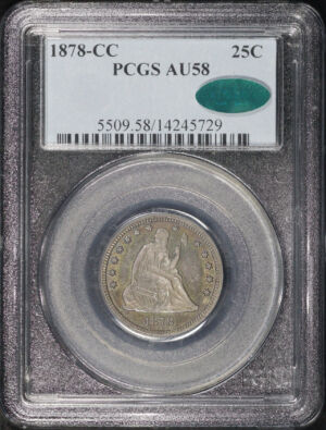Obverse of this 1878-CC Liberty Seated Quarter PCGS AU-58 CAC