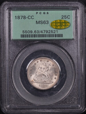 Obverse of this 1878-CC Liberty Seated Quarter PCGS MS-63 Gold CAC Old Green Holder