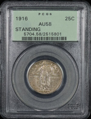 Obverse of this 1916 Standing Liberty Quarter PCGS AU-58 Old Green Holder