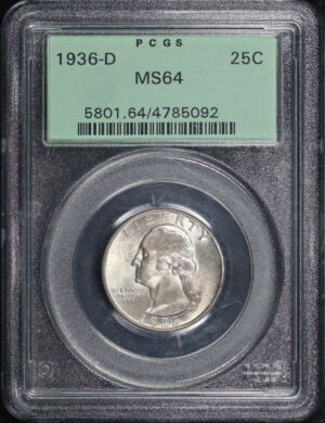 Obverse of this 1936-D Washington Quarter PCGS MS-64 Old Green Holder