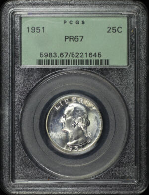 Obverse of this 1951 Washington Quarter PCGS PR-67 Old Green Holder
