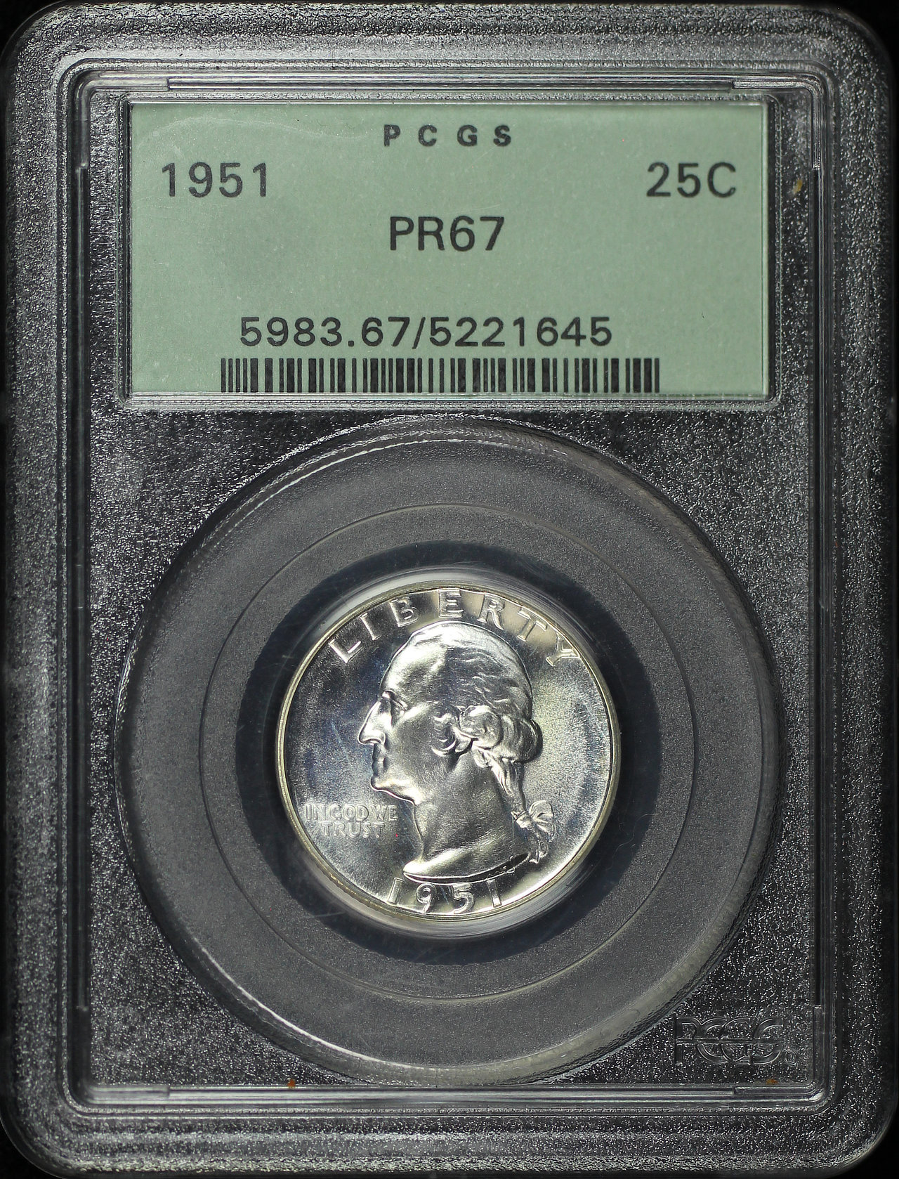 Obverse of this 1951 Washington Quarter PCGS PR-67 Old Green Holder