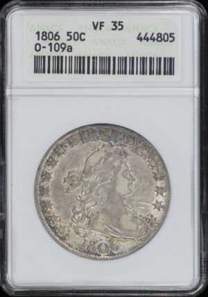 Obverse of this 1806 Draped Bust Half Dollar O-109a ANACS VF-35