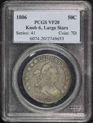 Obverse of this 1806 Draped Bust Half Dollar Knob 6, Large Stars PCGS VF-20